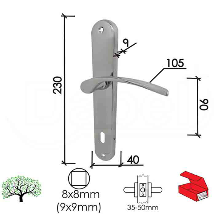 Slika Kvaka šild za vrata DABEL KIRA-S hromirana 90/40/230/10/98/8/9 mm ključ 2606019